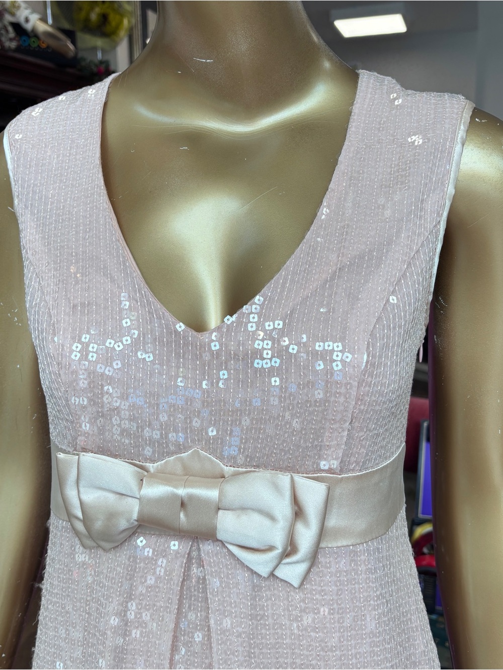 Betsey Johnson Pale Pink Sequin Midi Dress with Bow Waist - Picture 2 of 3